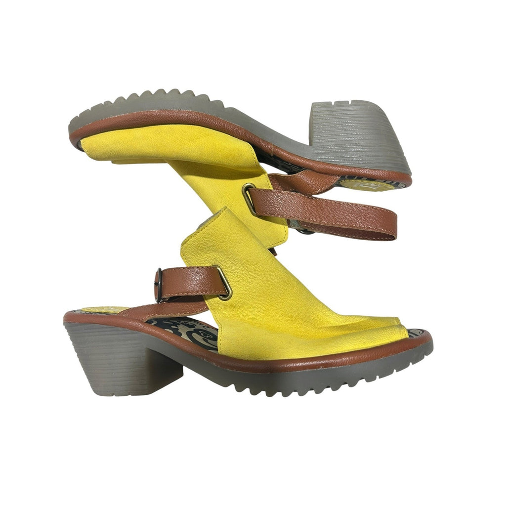 Fly London Yate Yellow Brown Leather Slingback Peep Toe Block Heel Sandals 39
