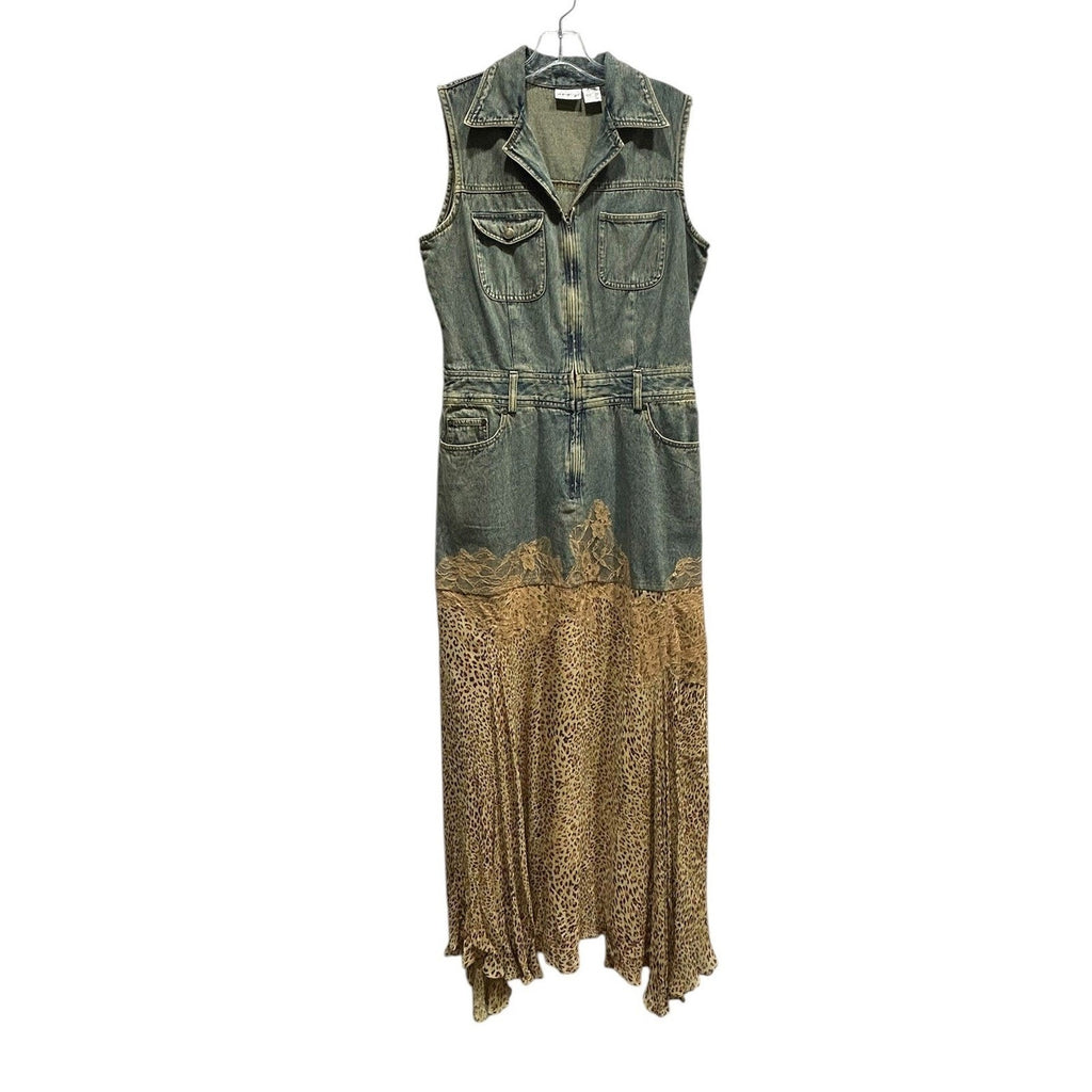 Jeanology Denim Leopard Print Lace Mixed Maxi Dress Y2K Grunge Fairy L Eclectic