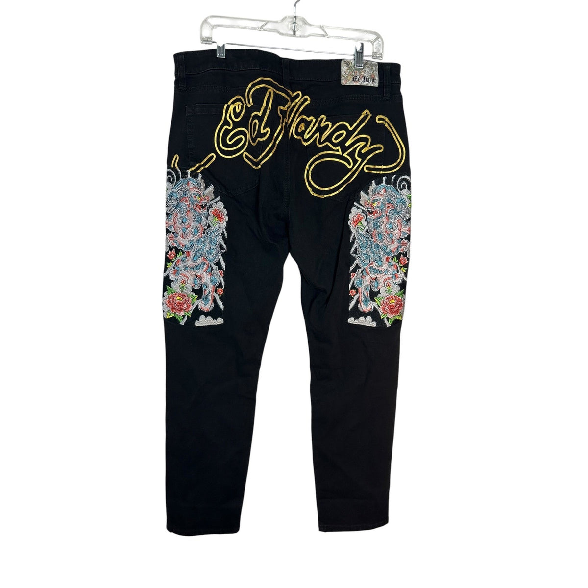 Ed Hardy Black Embroidered Foo Dog Jeans Mens 36 Y2K Streetwear Tattoo street