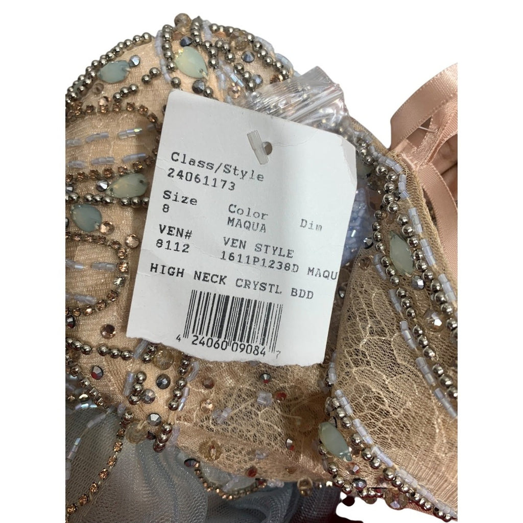 Glamour High Neck Crystal Beaded Halter Gown Tulle Skirt Prom Pageant Blue Sz 8