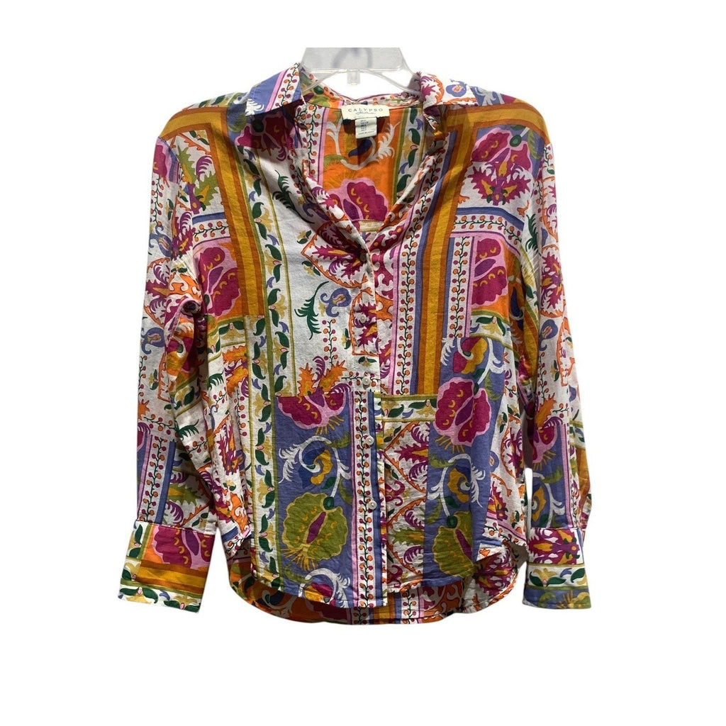 Calypso St Barth Womens Patchwork Floral Button Down Shirt Multicolor Boho Small