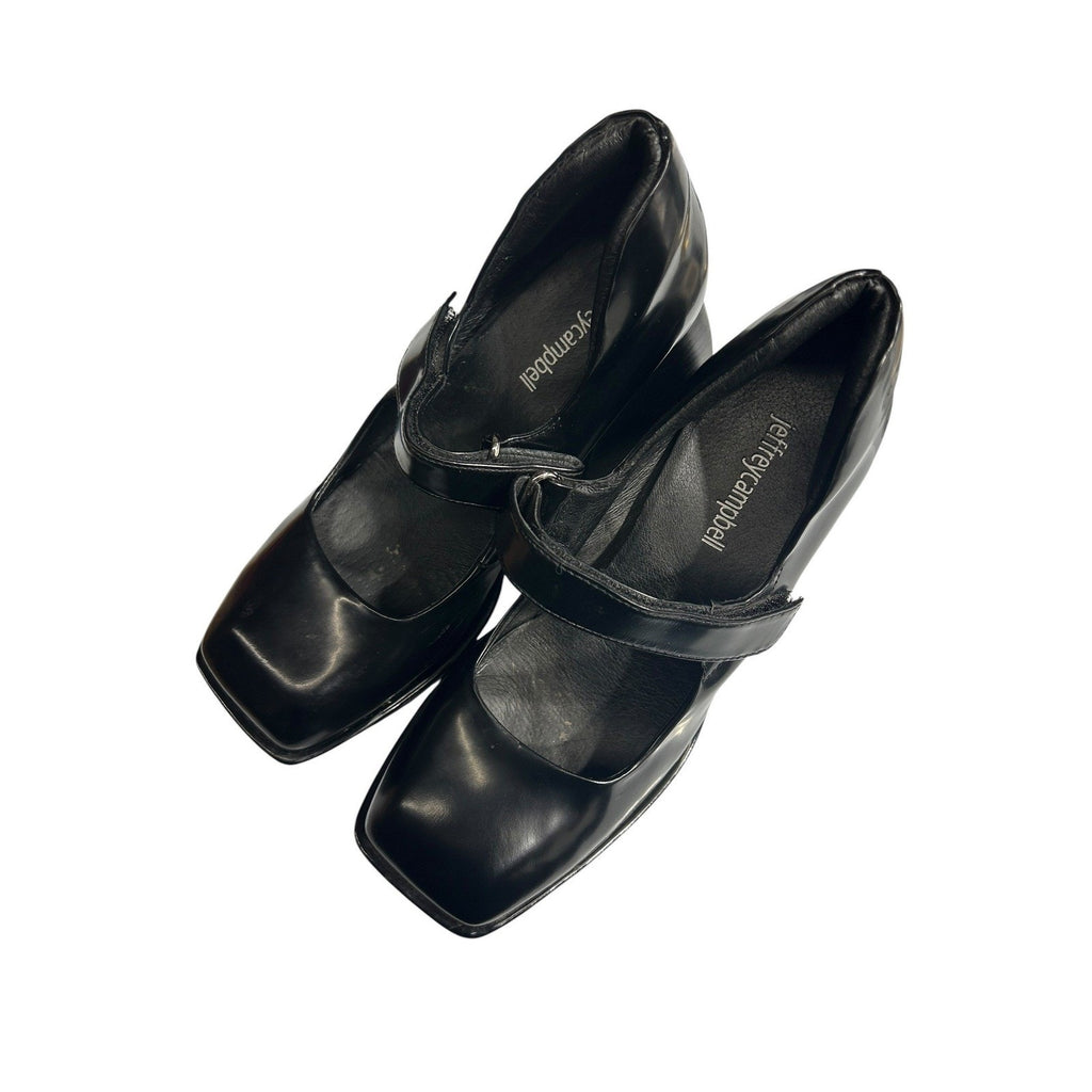 Jeffrey Campbell Reine Black Leather Square Toe Platform Mary Jane Pumps Size 7