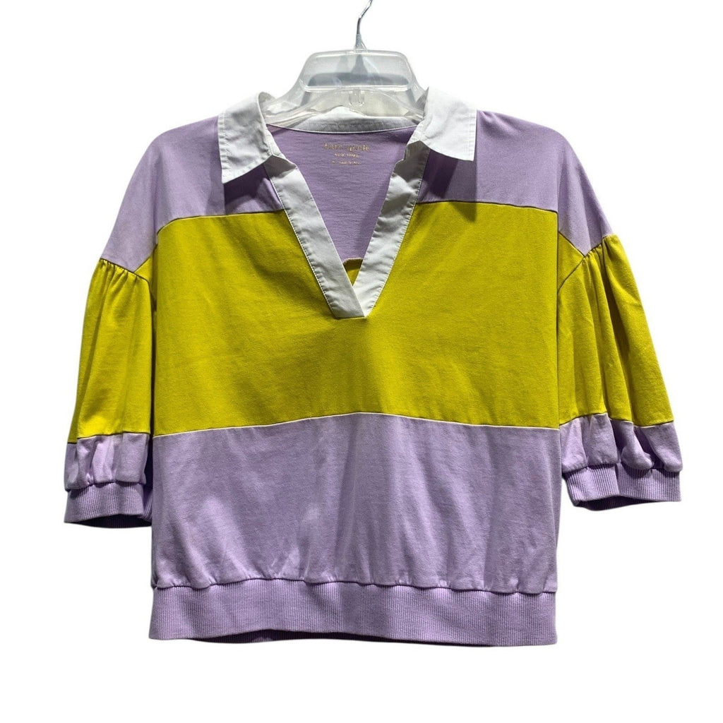 Kate Spade New York Purple Yellow Puff Sleeve Top M 100% Cotton Preppy coastal