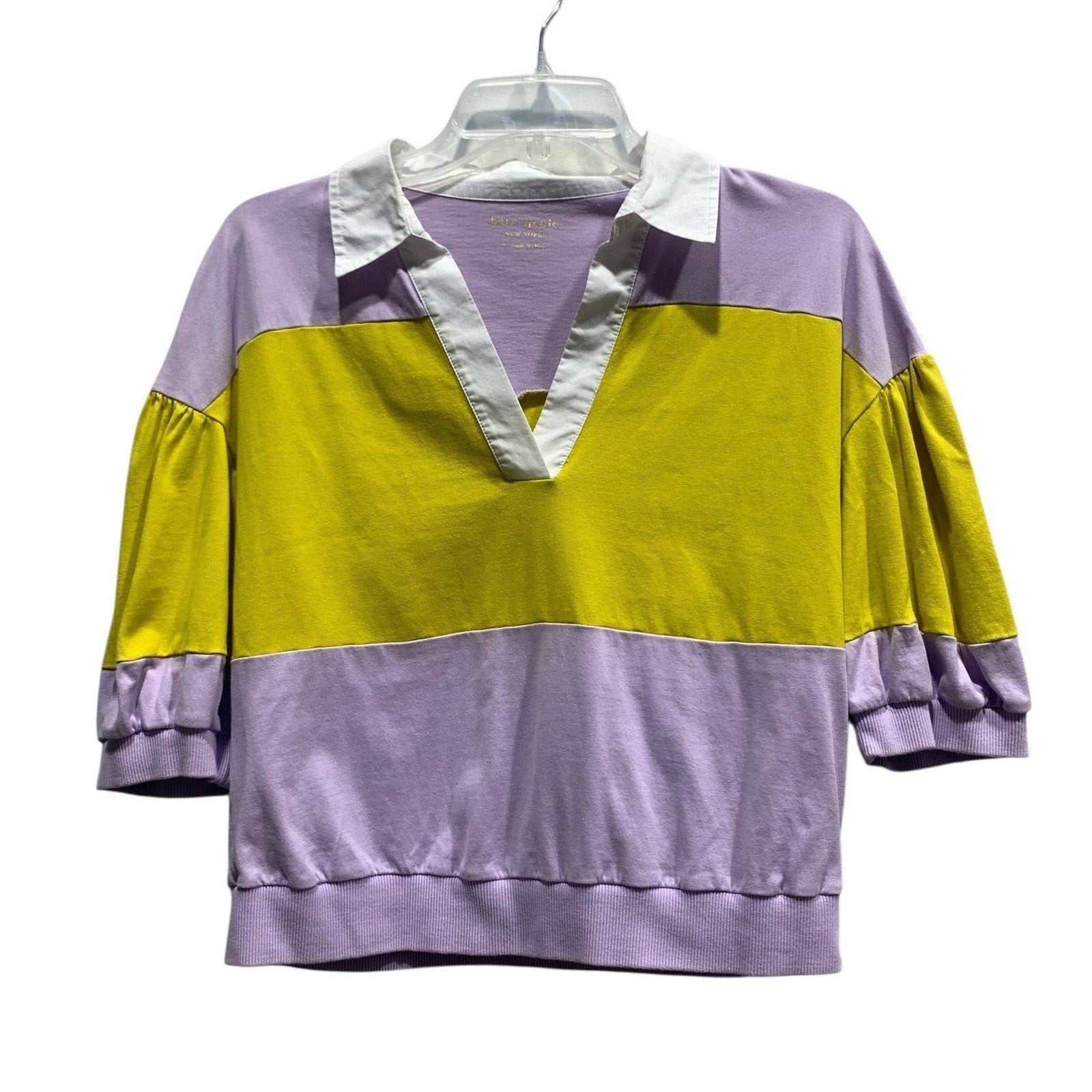 Kate Spade New York Purple Yellow Puff Sleeve Top M 100% Cotton Preppy coastal