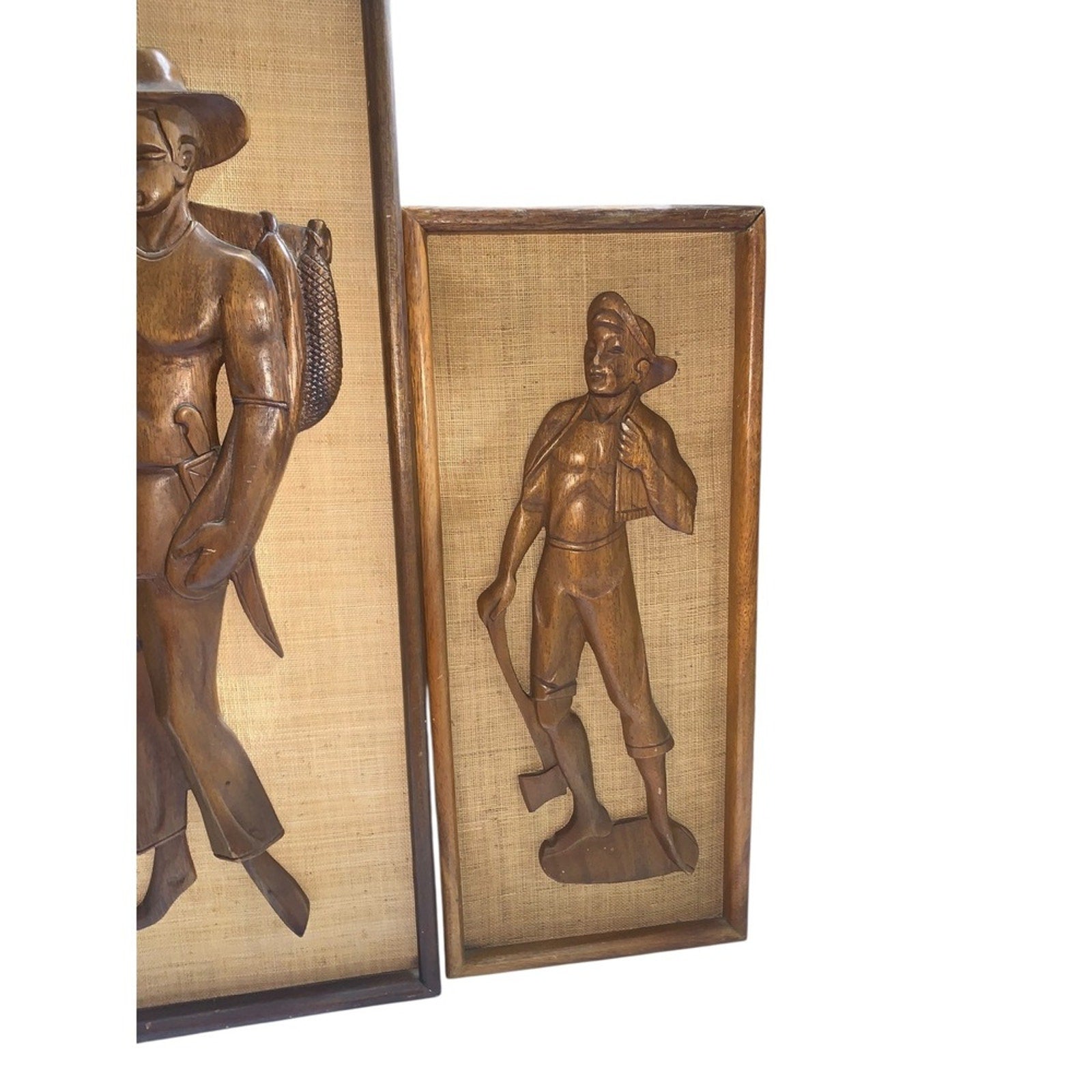 Vintage Carved Wood Figures Wall Art Set 4pc Mid Century Scene Decor