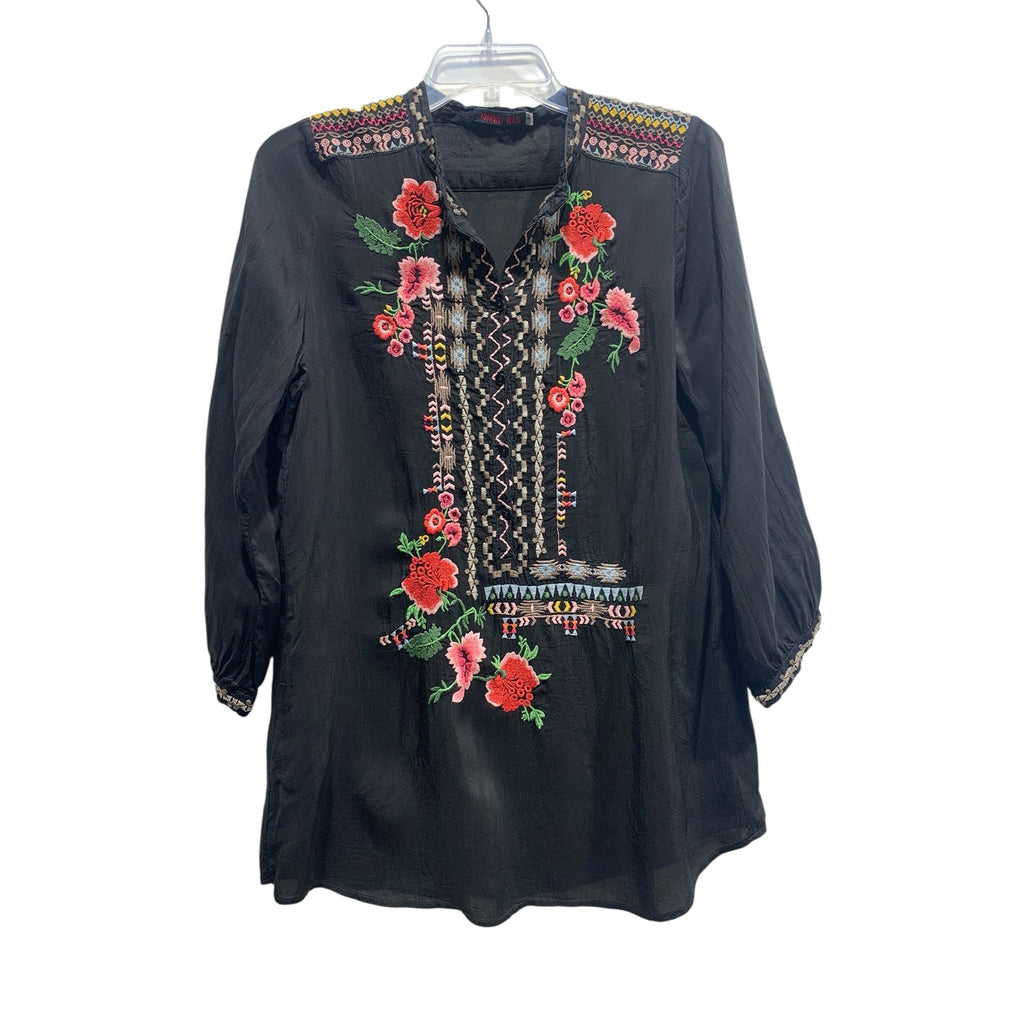Johnny Was Embroidered Floral Top SZ Small Black Blouse Boho Summer Tunic