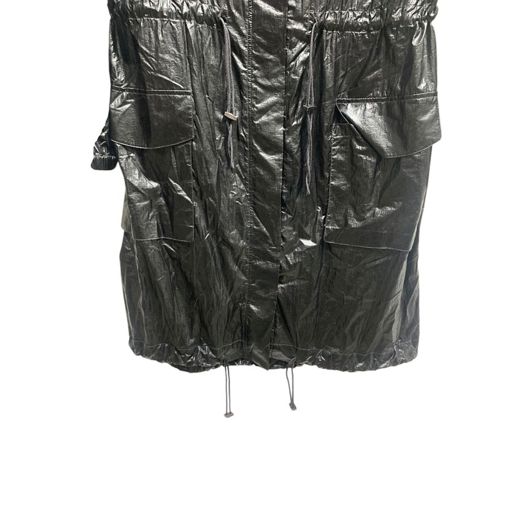 GOOD AMERICAN the metallic duster Black Metallic  Hooded Jacket Drawstring SZ 1