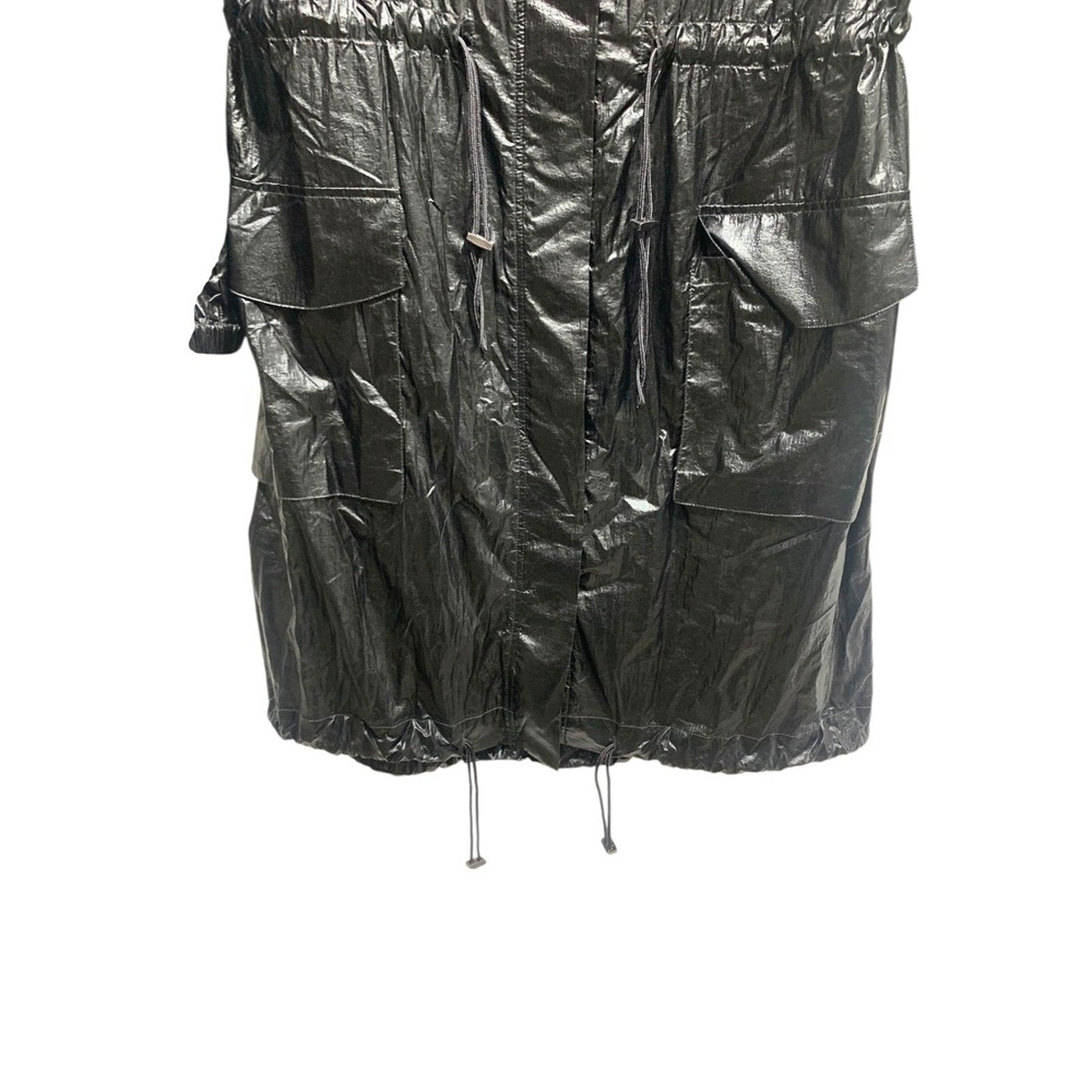GOOD AMERICAN the metallic duster Black Metallic  Hooded Jacket Drawstring SZ 1