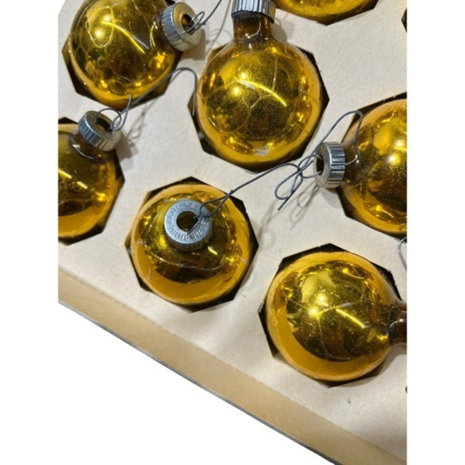 Shiny Brite Gold Balls Christmas Ornaments Vintage Glass Small Set of 12