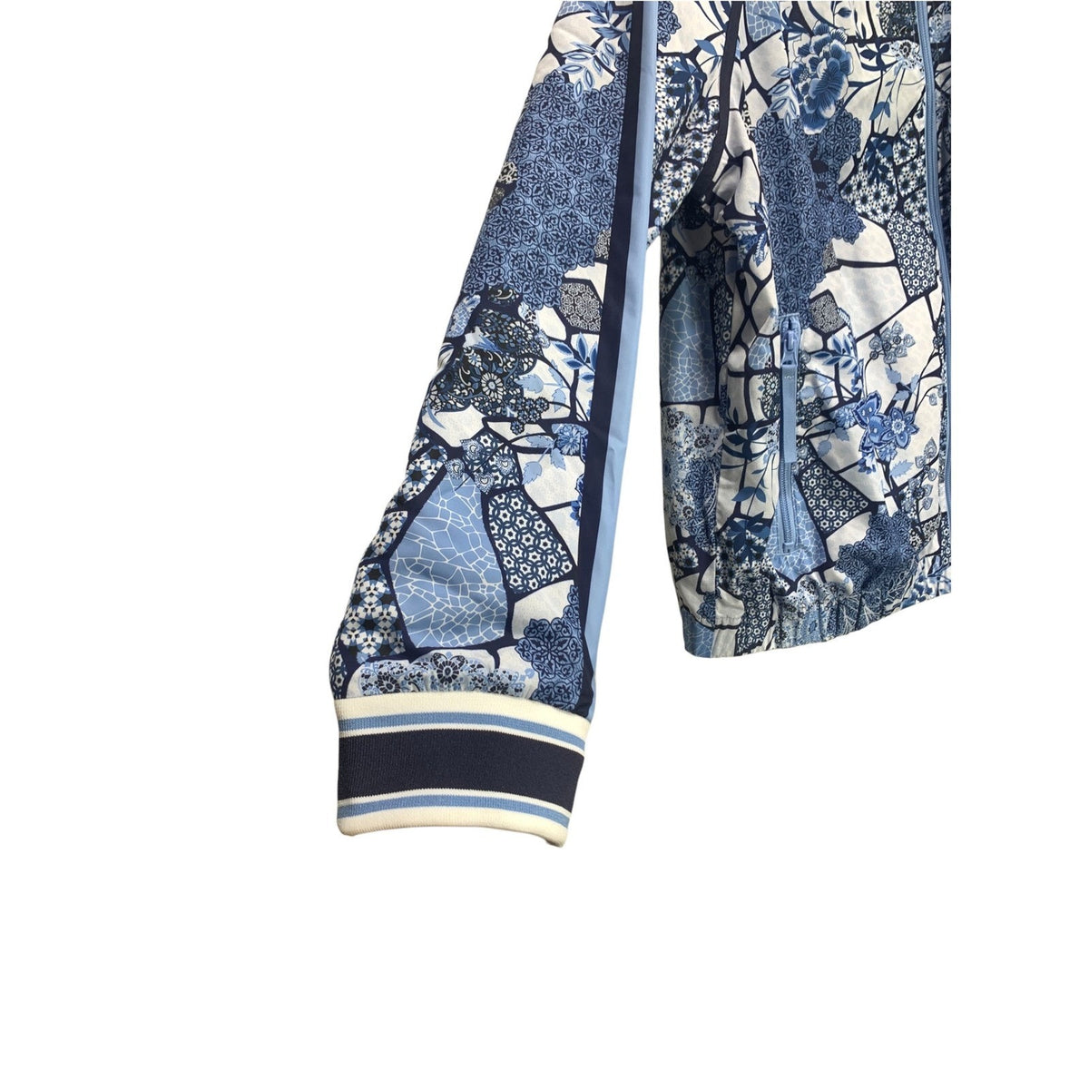 Johnny Was Bee Active Blue Floral Mosaic Full Zip Bomber Jacket Large L