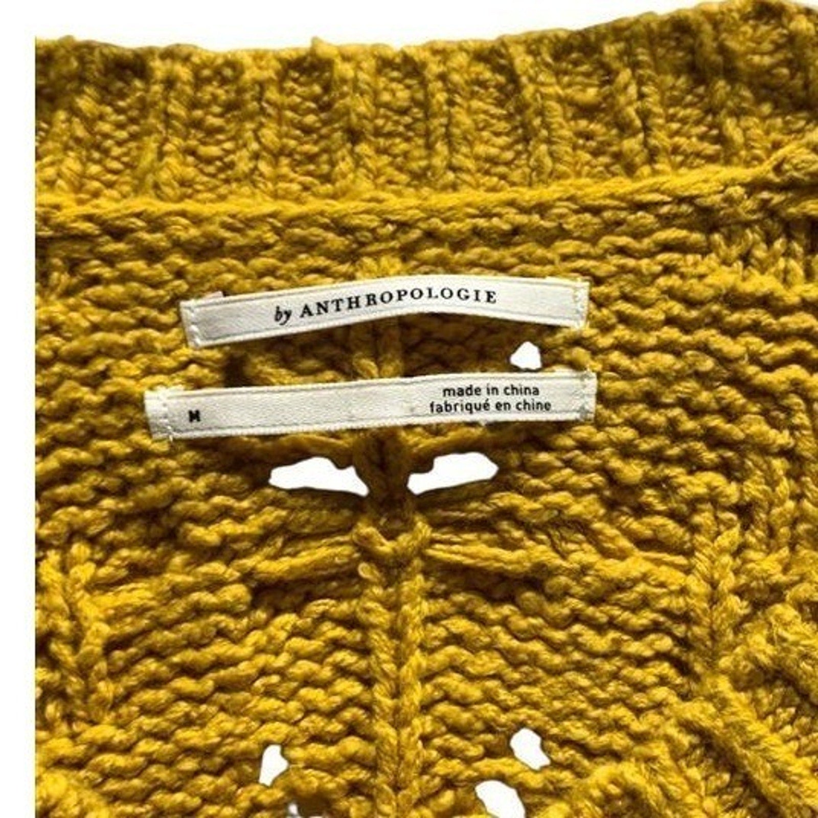 Anthropologie Mustard Yellow Cable Knit Puff Sleeve Button Front Cardigan M
