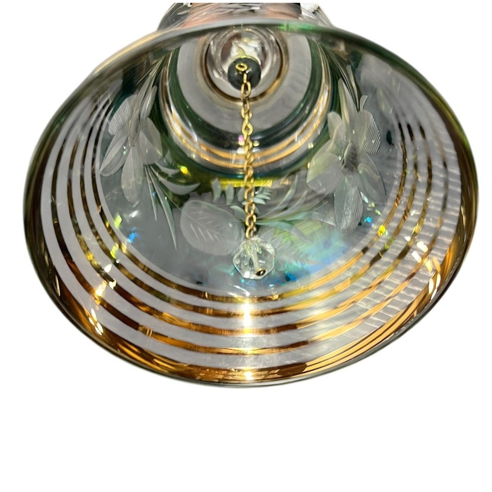 Bohemia Crystal Handcrafted Etched Green Glass Bell Gold Trim Decorative Accent
