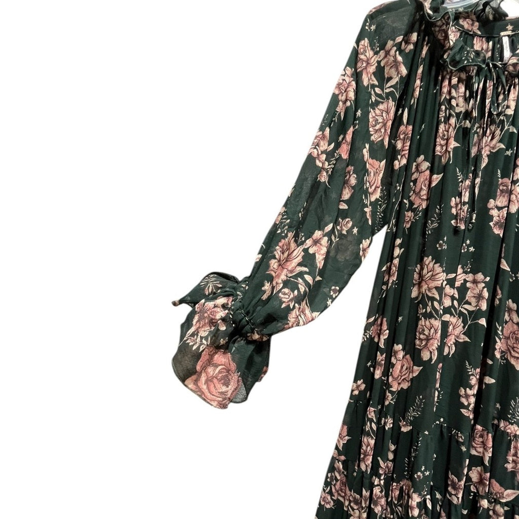 Free People Feeling Groovy Maxi Dress Green Pink Floral Print Tiered Size S