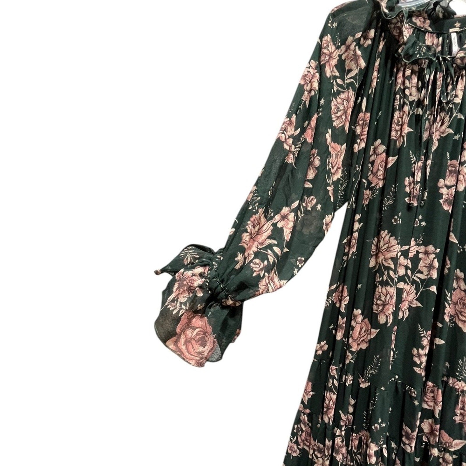 Free People Feeling Groovy Maxi Dress Green Pink Floral Print Tiered Size S