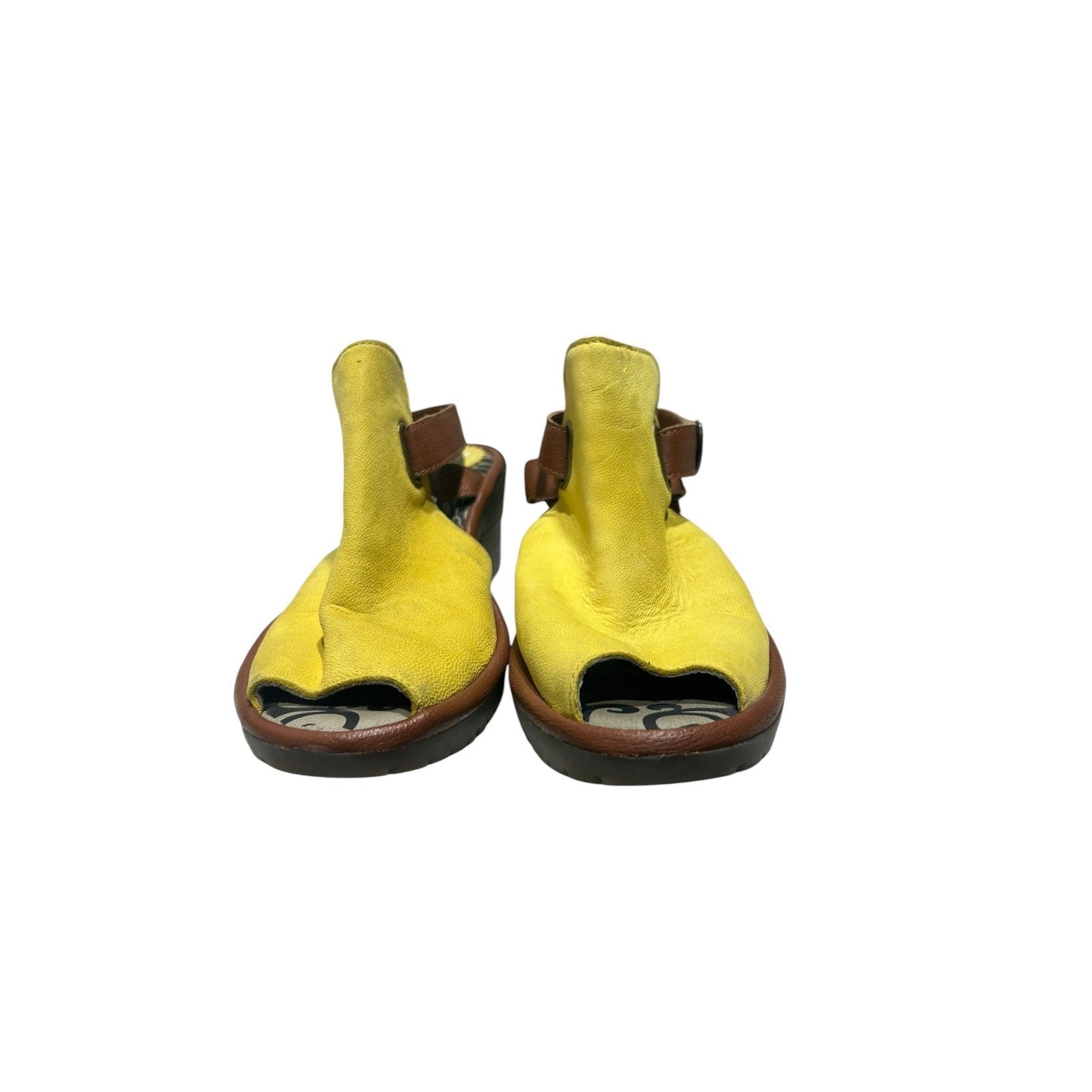 Fly London Yate Yellow Brown Leather Slingback Peep Toe Block Heel Sandals 39