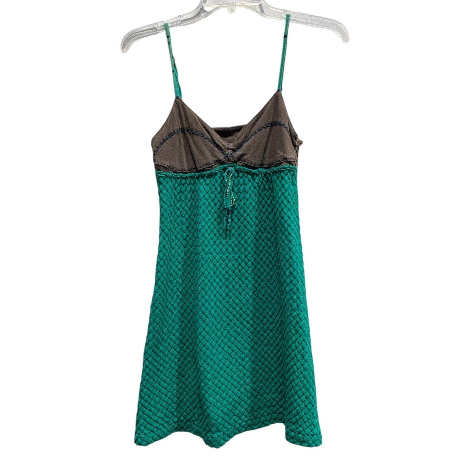 Free People Green Brown Quilted Mini Dress Boho Strappy Empire Waist Size 8