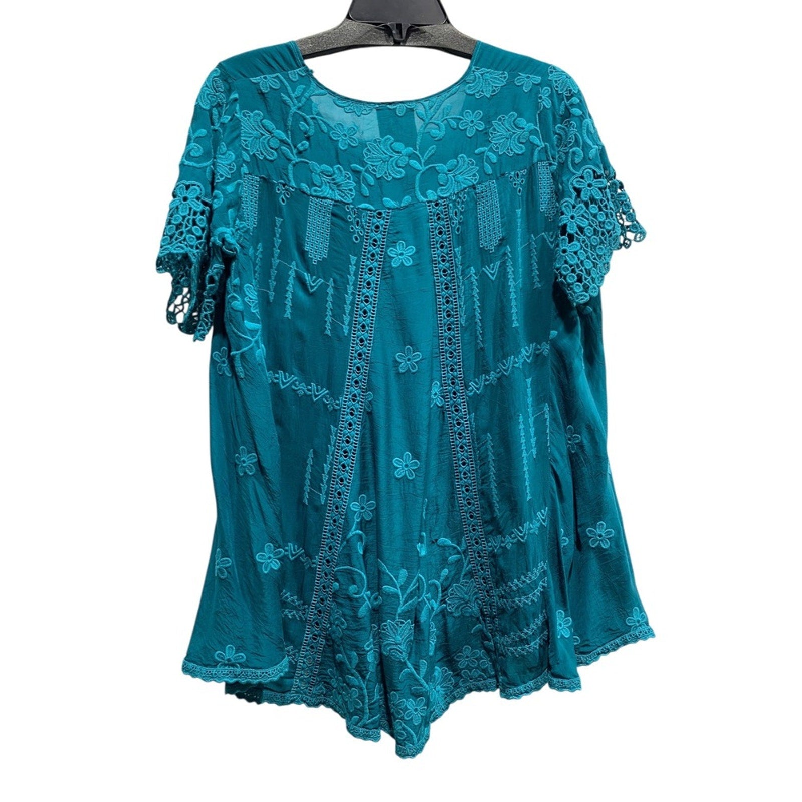 Johnny Was Embroidered Tunic Top Teal Floral Crochet Sleeve Womens Small S