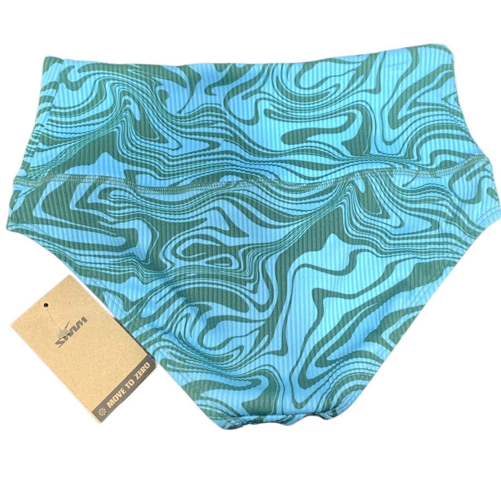 Nike Swim Women Blue Green Swirl Marble Ribbed High Waist Bikini Bottom NESSB290