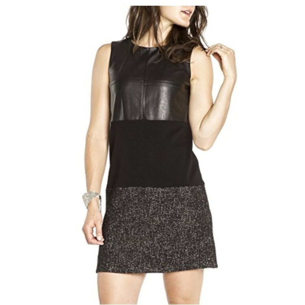 BAILEY44 Black Faux Leather & Sparkle Panel Sleeveless Shift Dress Size M