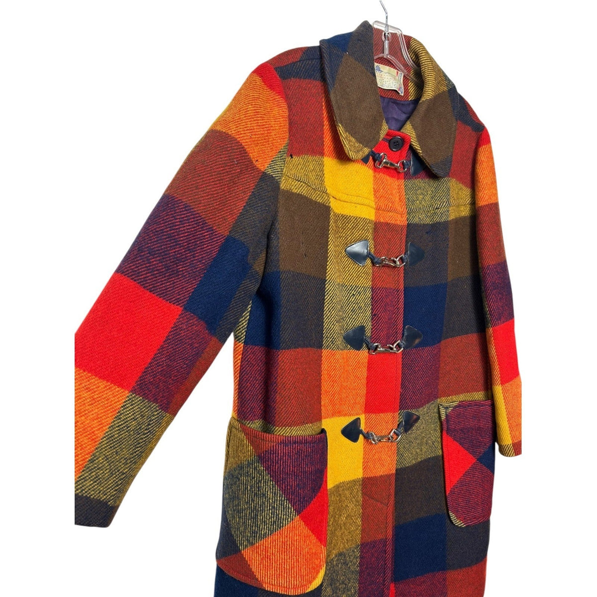 Vintage Pendleton Knockabouts Wool Plaid Coat Lobster Claw Toggle Red Orange L