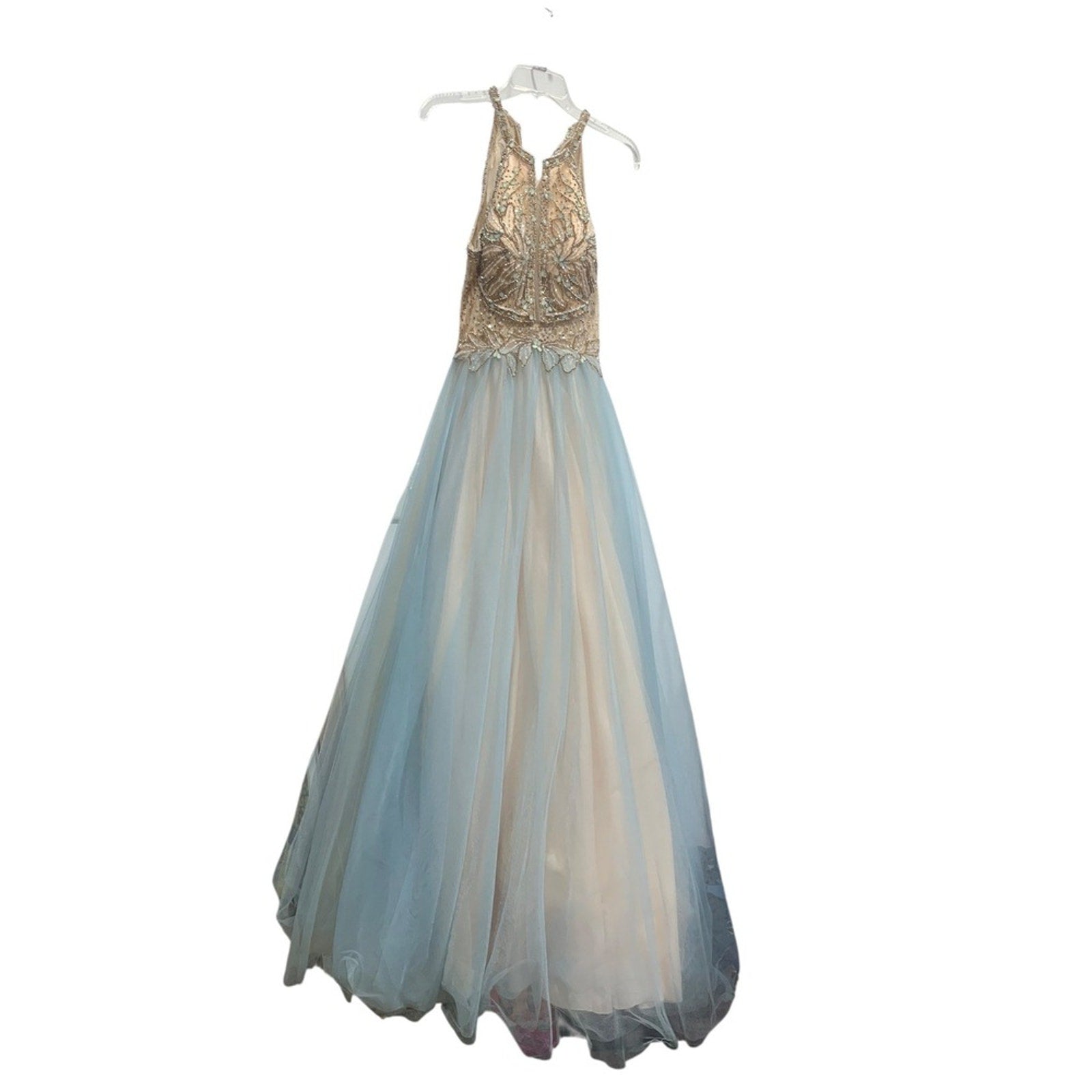 Glamour High Neck Crystal Beaded Halter Gown Tulle Skirt Prom Pageant Blue Sz 8