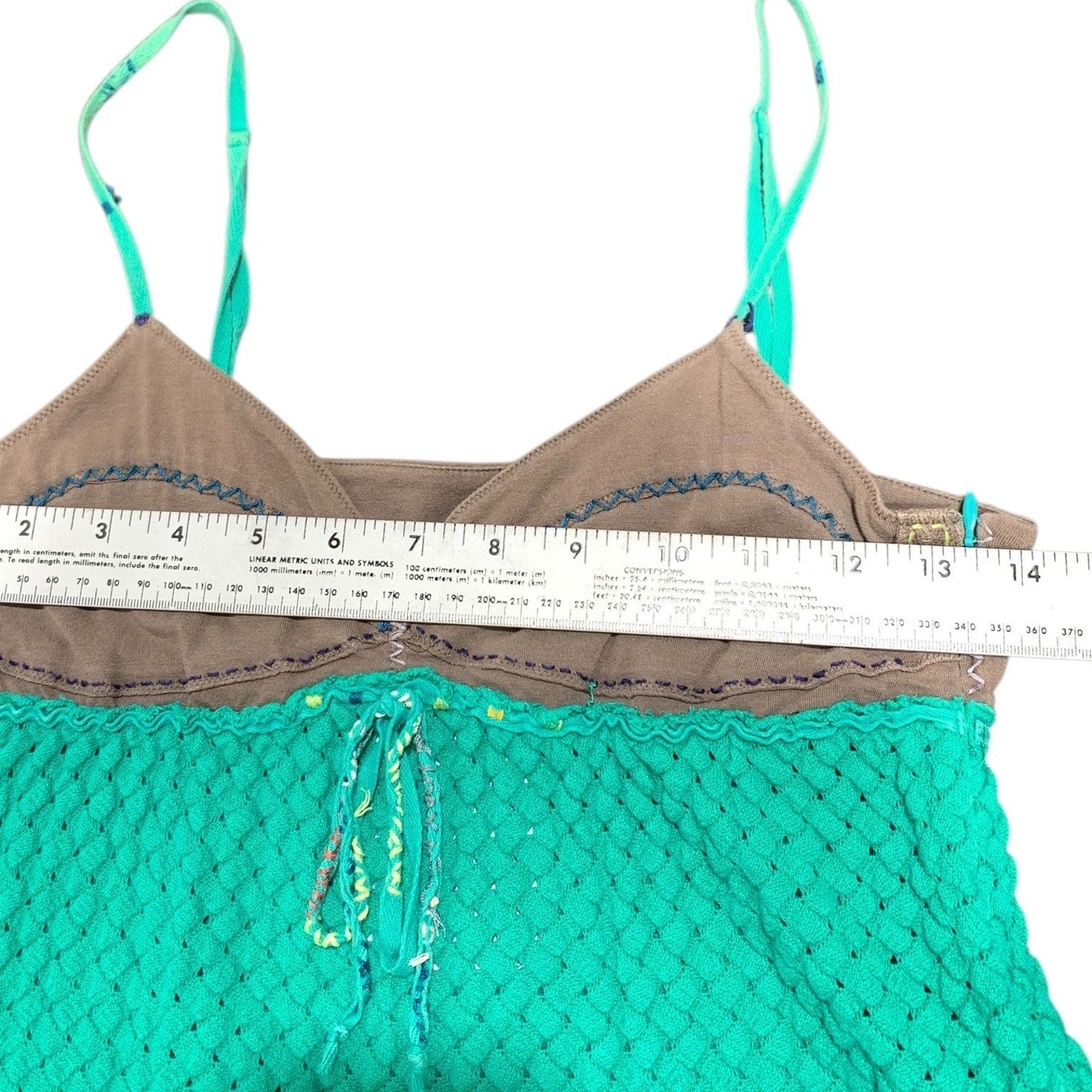 Free People Green Brown Quilted Mini Dress Boho Strappy Empire Waist Size 8