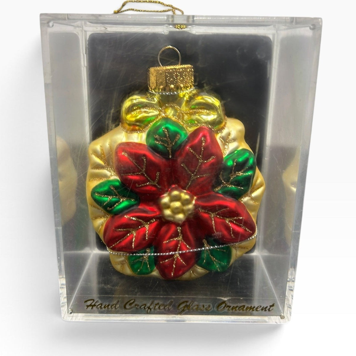 Unique Treasures Hand Painted Glass Poinsettia Christmas Ornament Red Gold Green