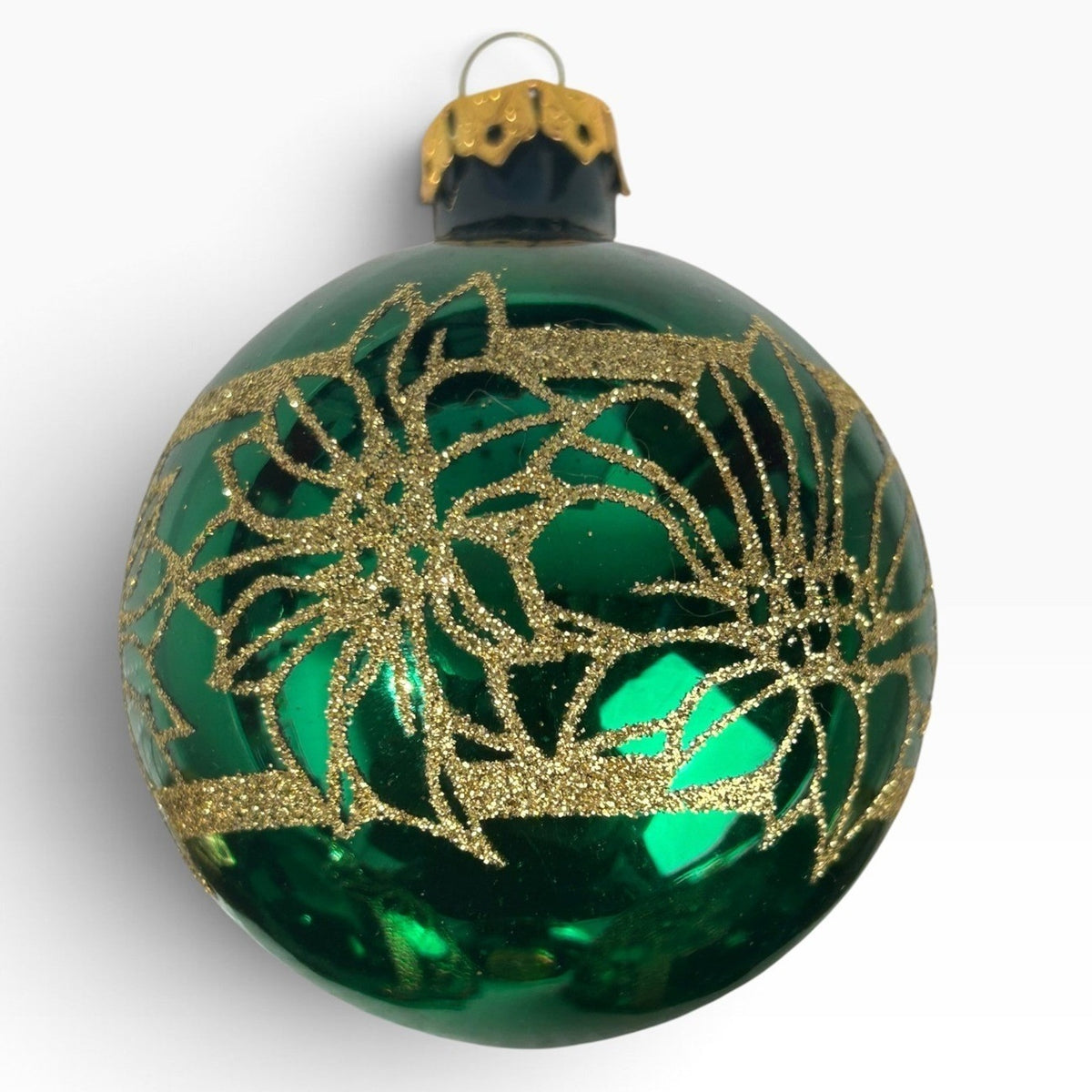 Victoria Collection Green Gold Glitter Poinsettia Glass Ornaments Set of 4 USA