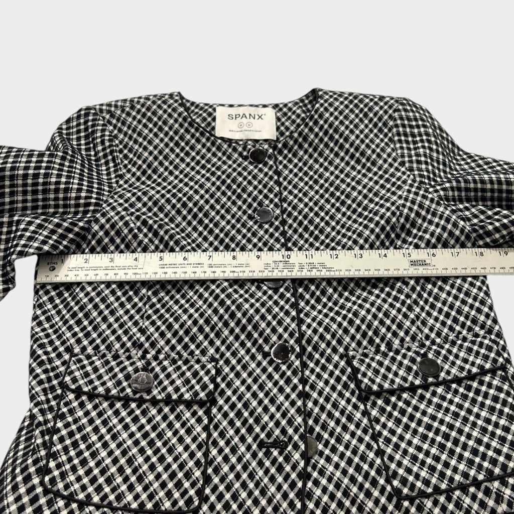 Spanx Ponte Black White Gingham Button Front Jacket Blazer Medium career preppy