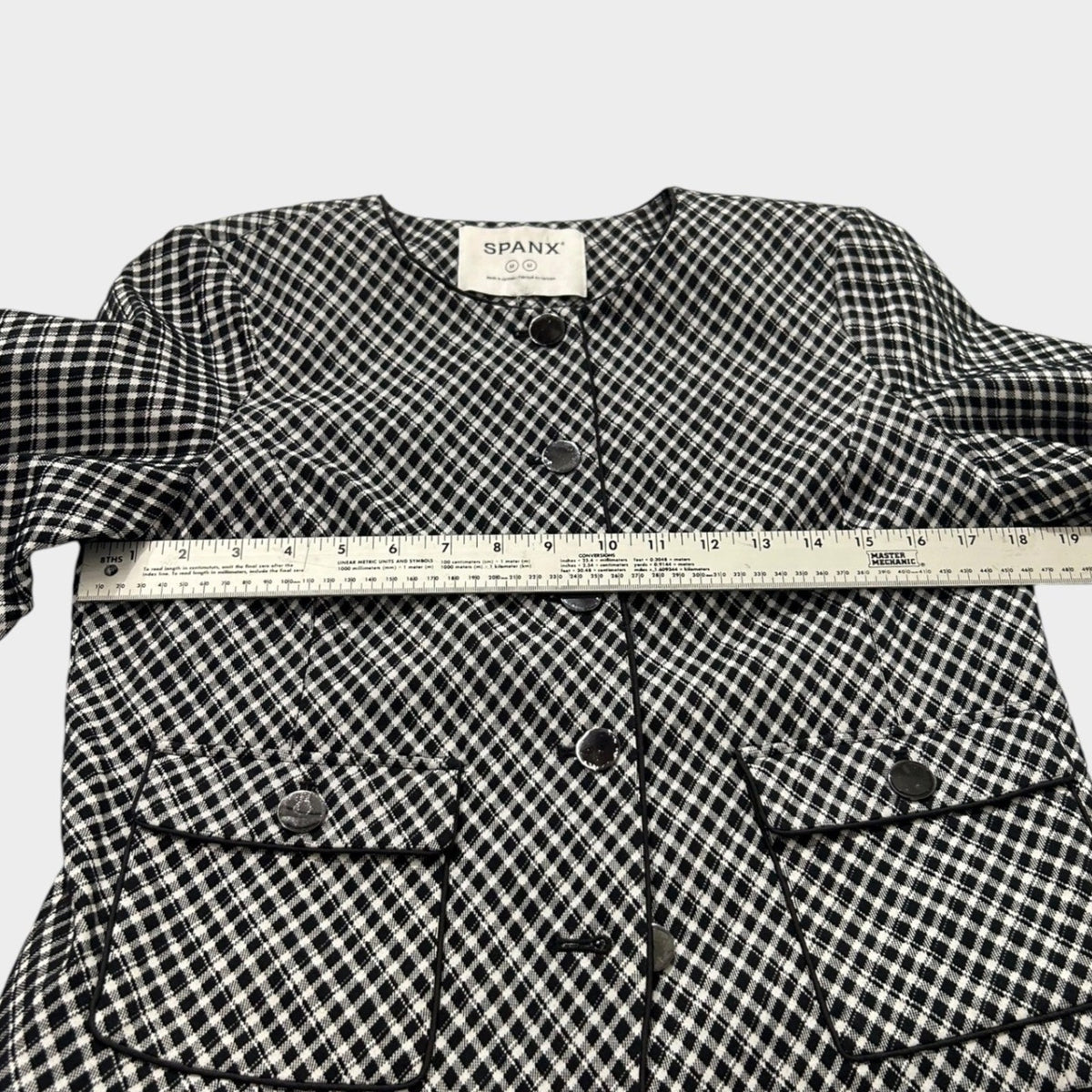 Spanx Ponte Black White Gingham Button Front Jacket Blazer Medium career preppy