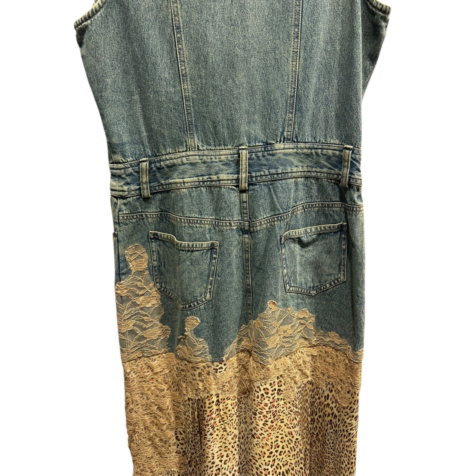 Jeanology Denim Leopard Print Lace Mixed Maxi Dress Y2K Grunge Fairy L Eclectic