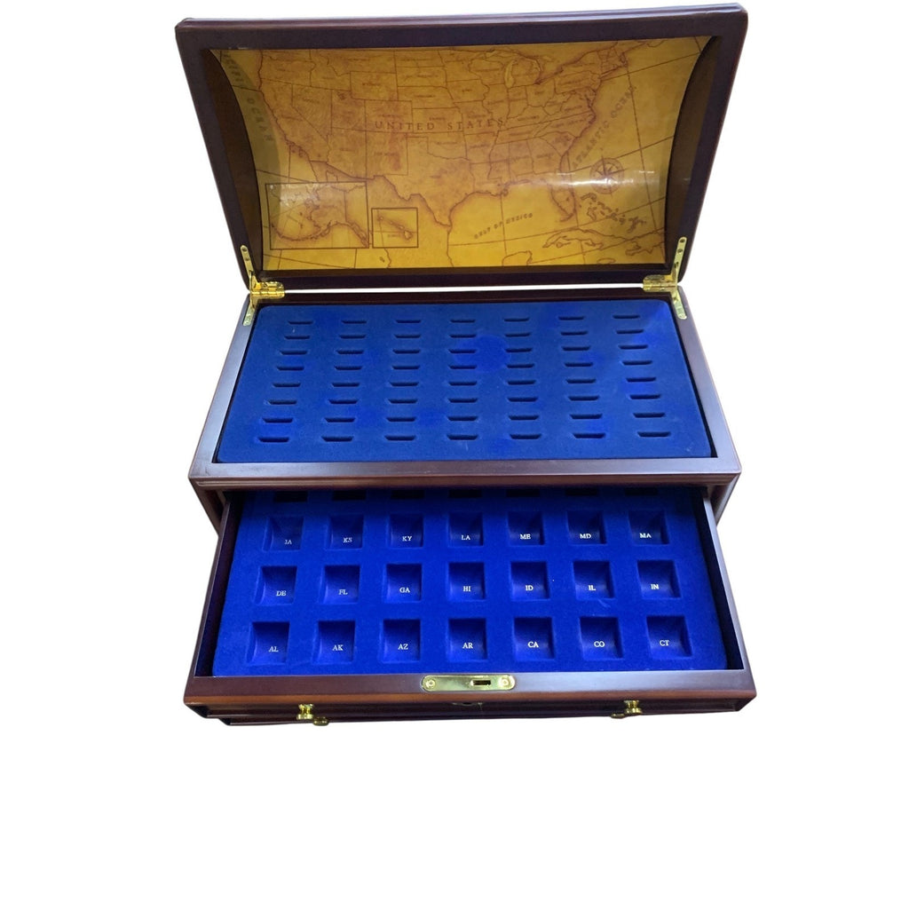 Vintage Wooden Coin Collectors Chest Roll Top Storage Box Display Case