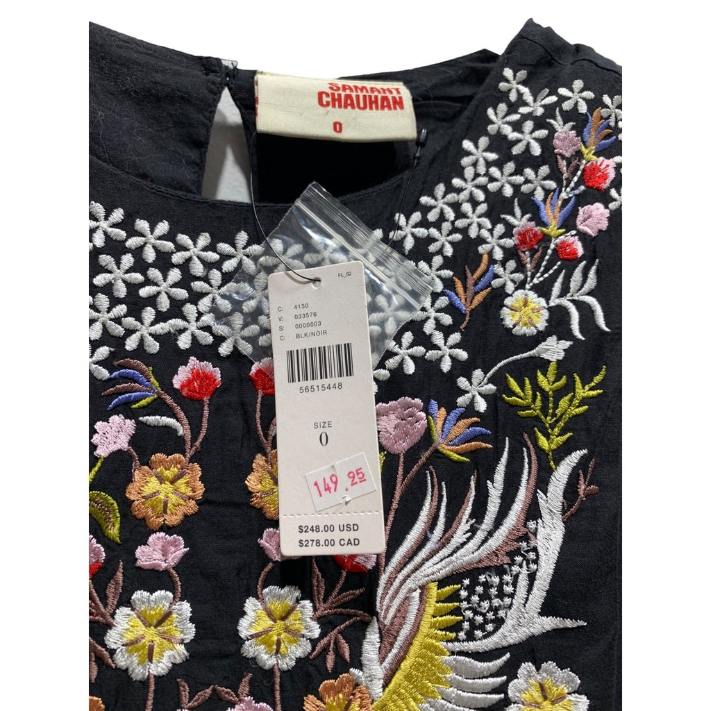 Samant Chauhan Anthropologie Black Embroidered Bird Floral Tiered Maxi Dress 0