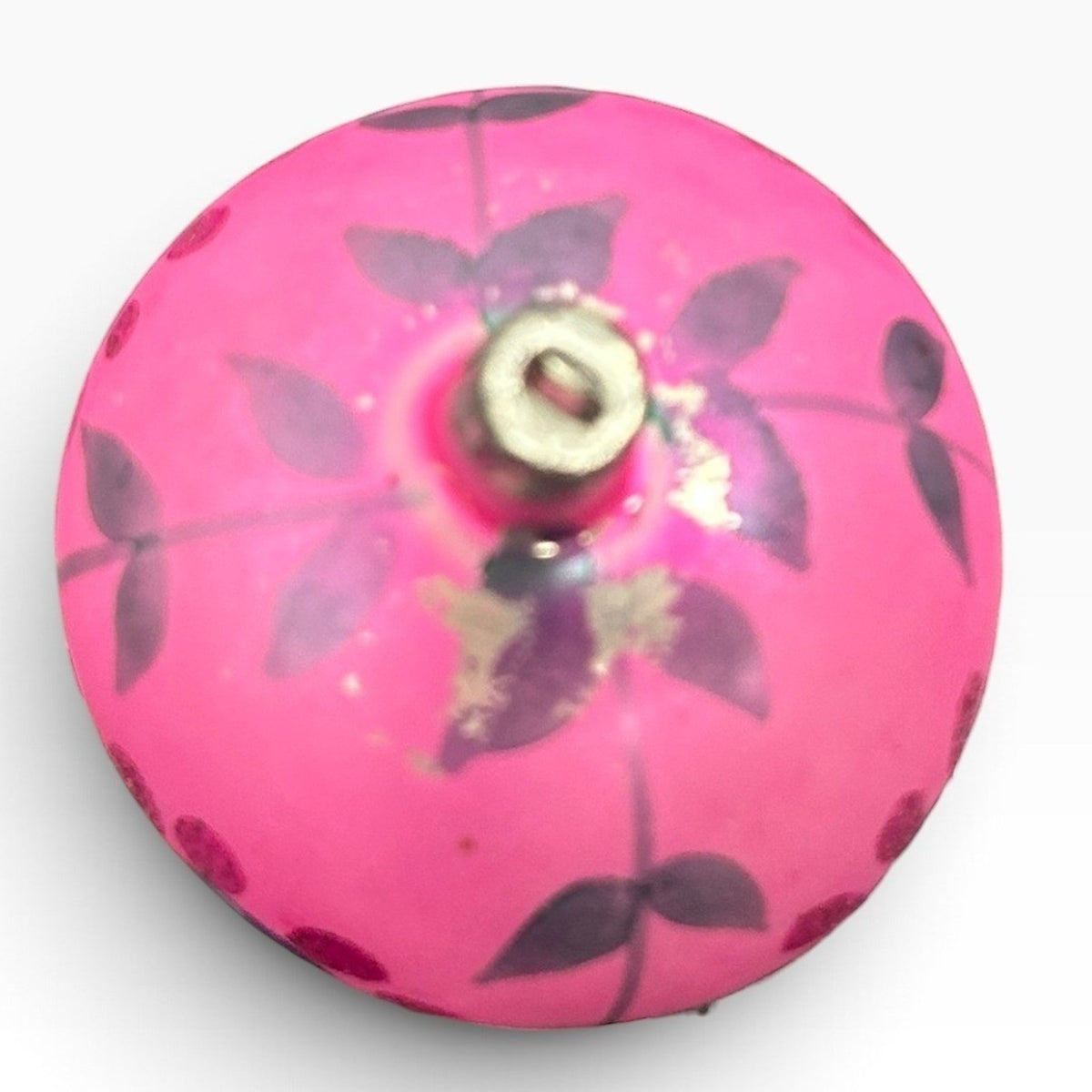 Vintage Poland Pink Glass Christmas Ornament Hand Painted Floral Glitter 2.5"
