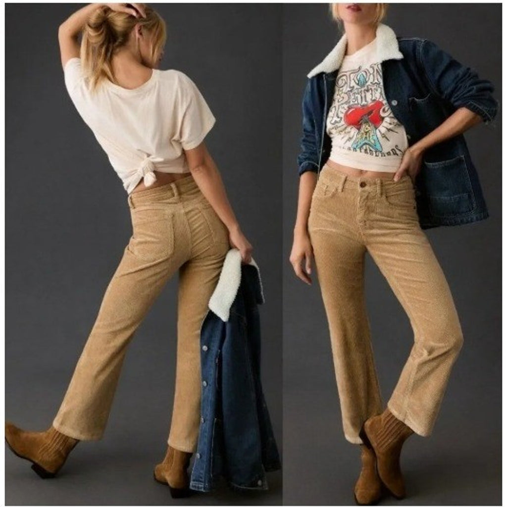 Anthropologie Pilcro The Yaya Mid-Rise Corduroy Crop Flare Jeans Tan Size 32