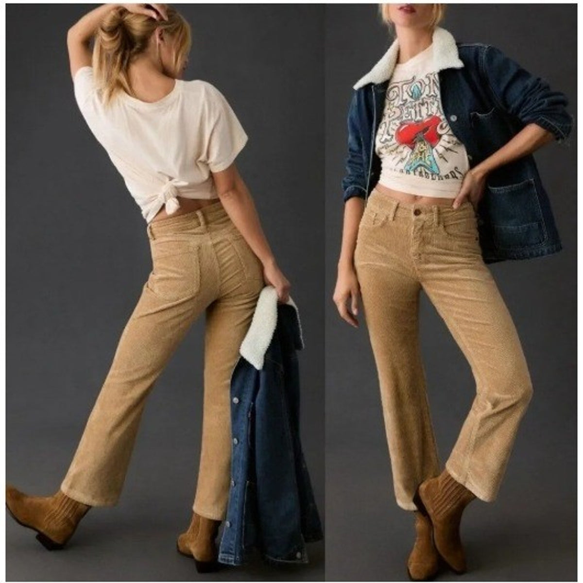 Anthropologie Pilcro The Yaya Mid-Rise Corduroy Crop Flare Jeans Tan Size 32