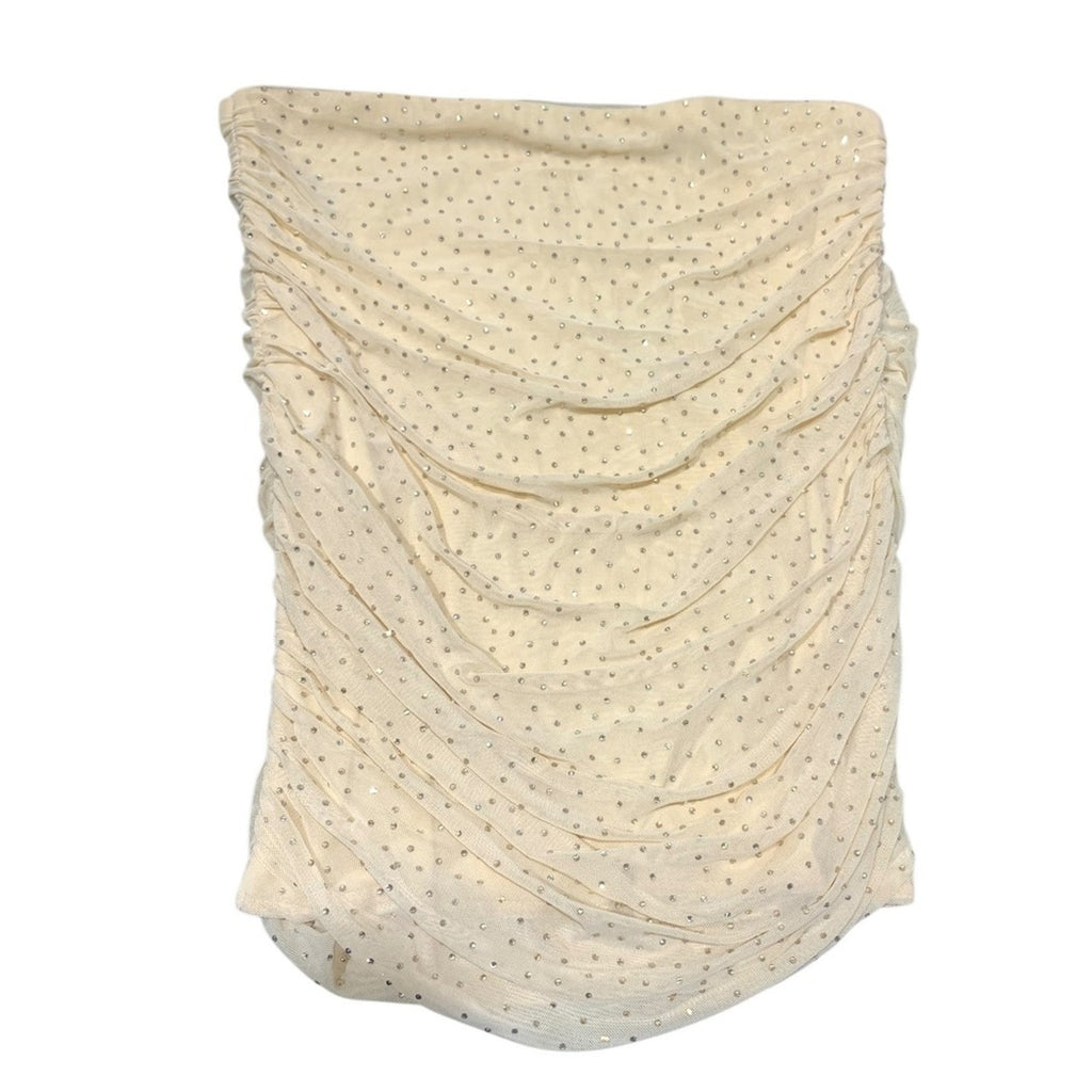 AFRM LOS ANGELES Strapless Ruched Mesh Rhinestone Tube Top L Beige