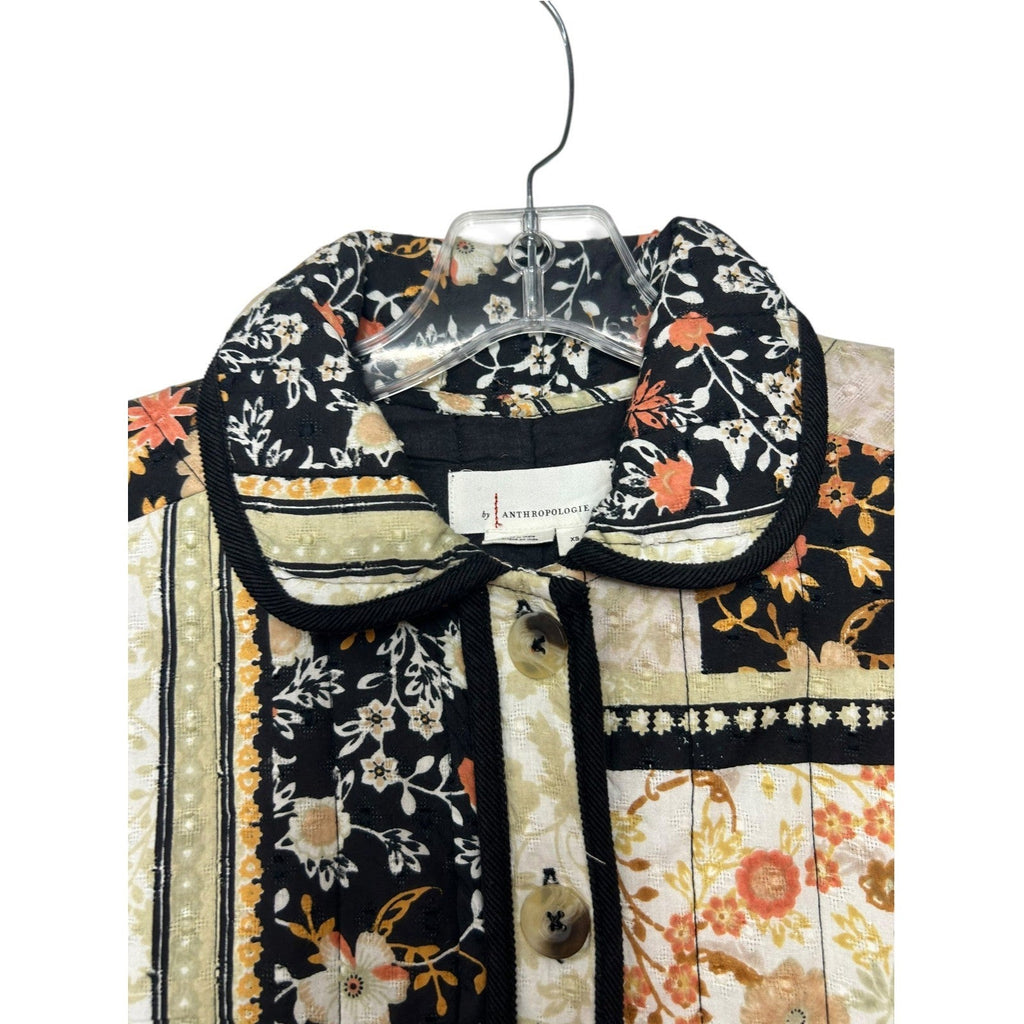 Anthropologie Quilted Patchwork Floral Jacket Black Cream Orange XS XS Boho