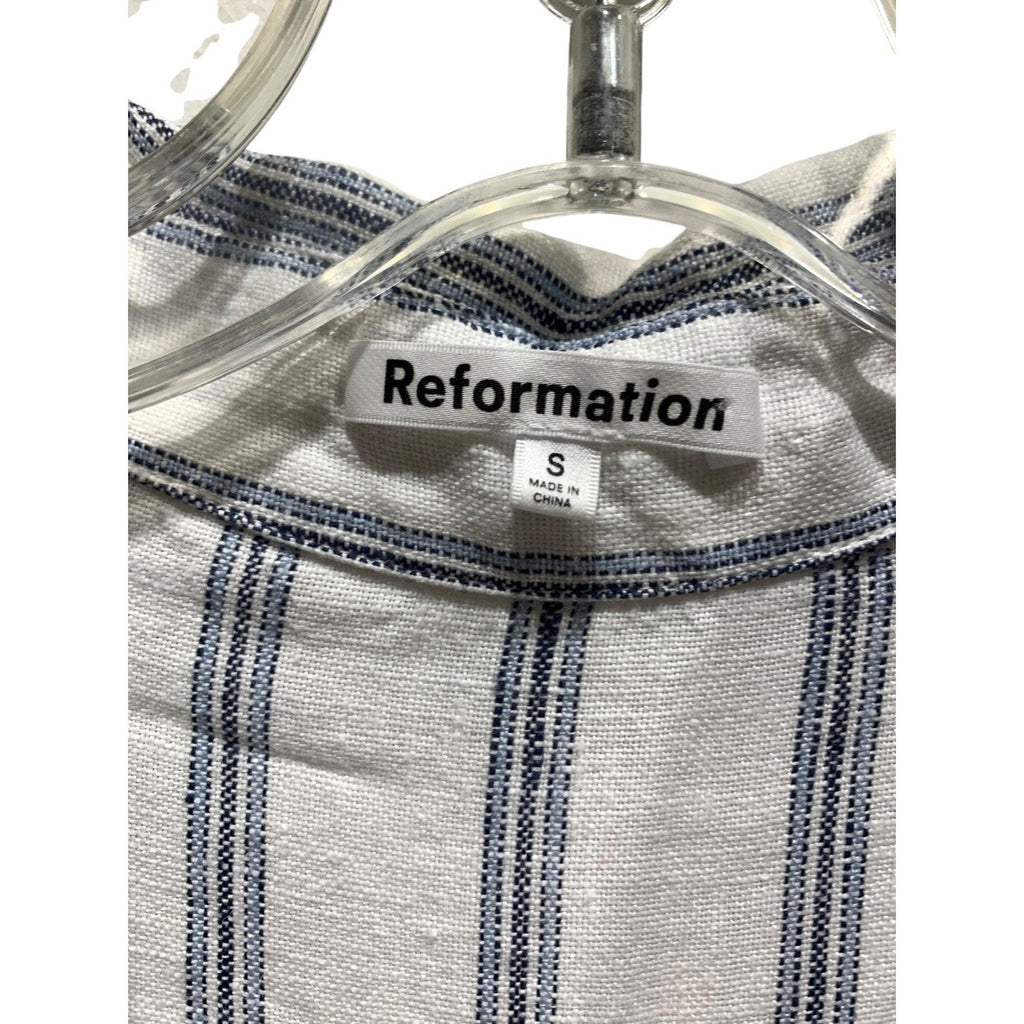 Reformation Womens Small White Navy Blue Striped 100% Linen Button Down Shirt S