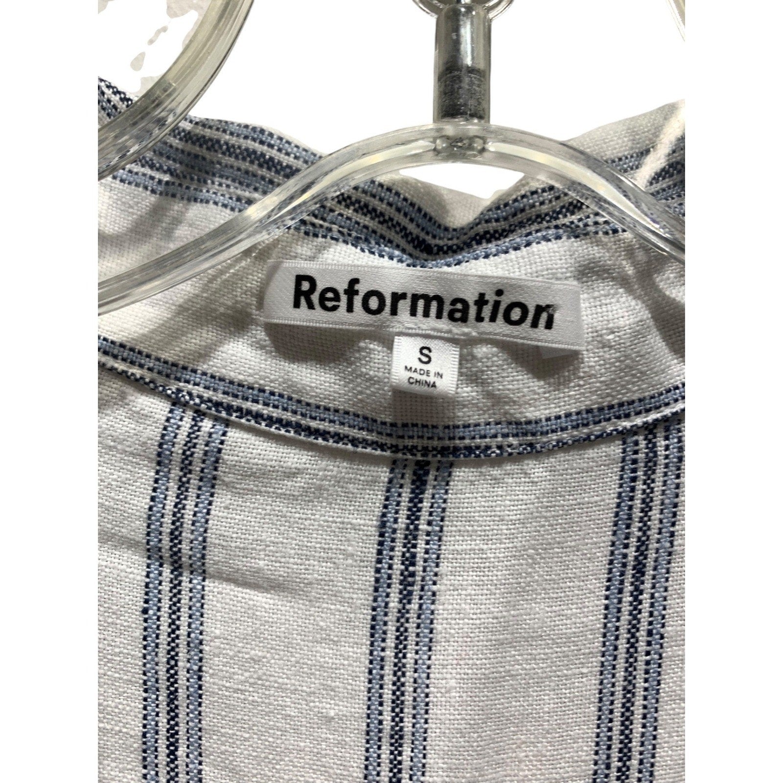 Reformation Womens Small White Navy Blue Striped 100% Linen Button Down Shirt S