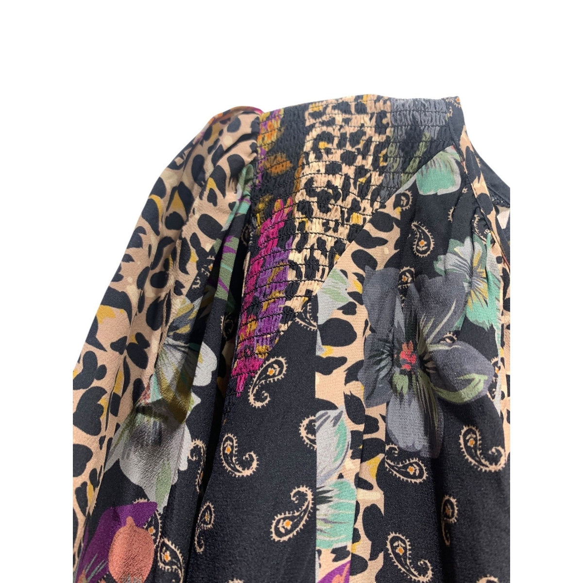 Johnny Was Zane Silk Easy Blouse Blend Patchwork Floral Leopard XL Black Multi