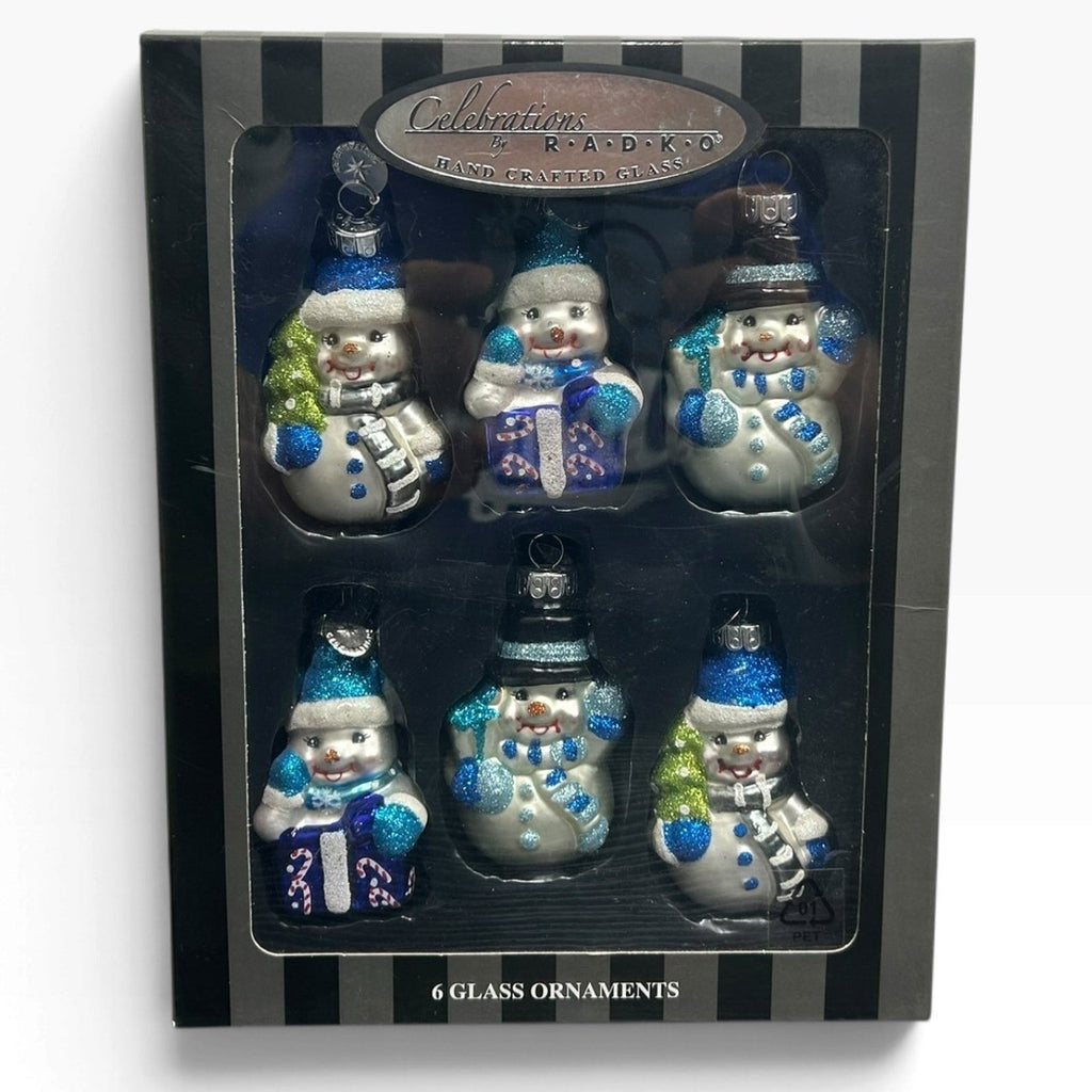 Christopher Radko Celebrations Glass Snowman Ornaments Set of 6 Blue Glitter