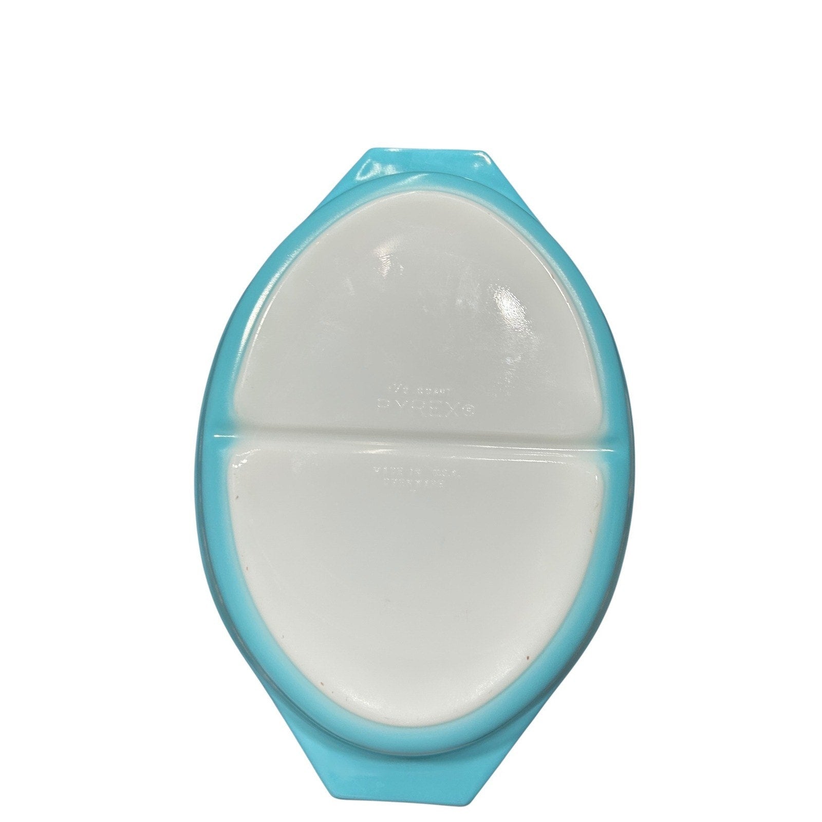 Vintage Pyrex Snowflake Turquoise Blue Divided Serving Dish 1.5 QT Oval 063