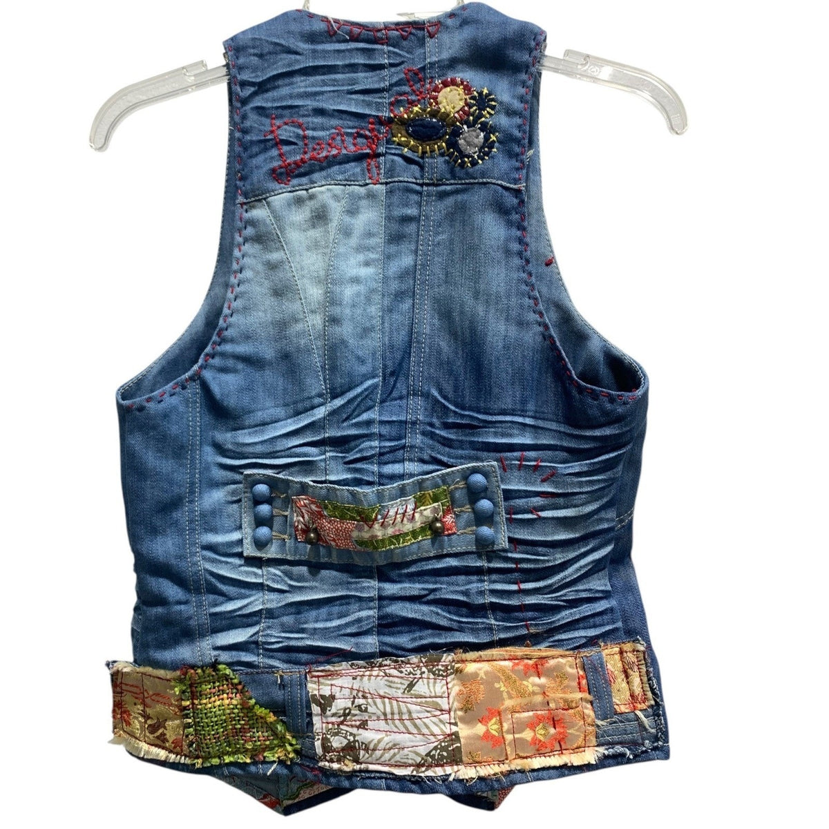 Desigual Patchwork Denim Vest Blue Floral Embroidered Boho Artisanal Size M y2k