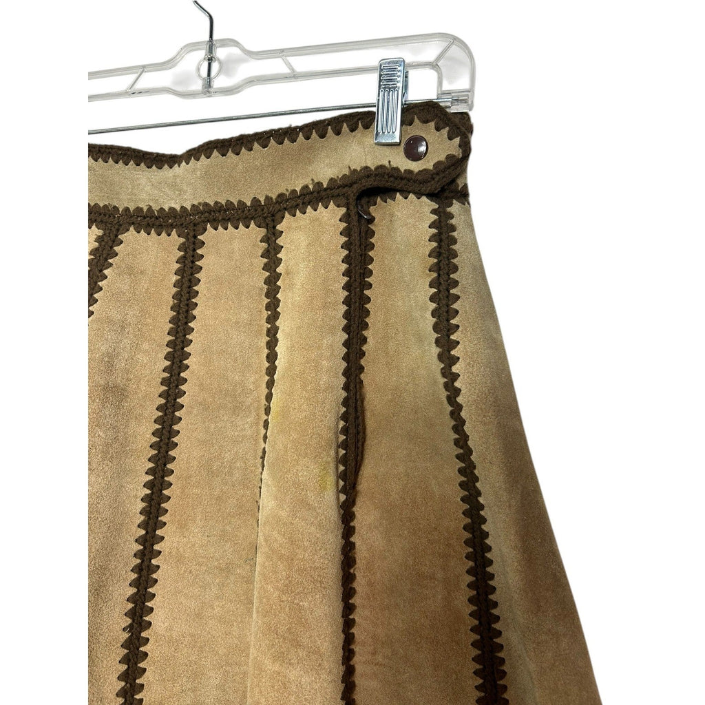 Young East Vintage 70s Patchwork Suede Leather Crochet Trim Midi Skirt Brown 7/8