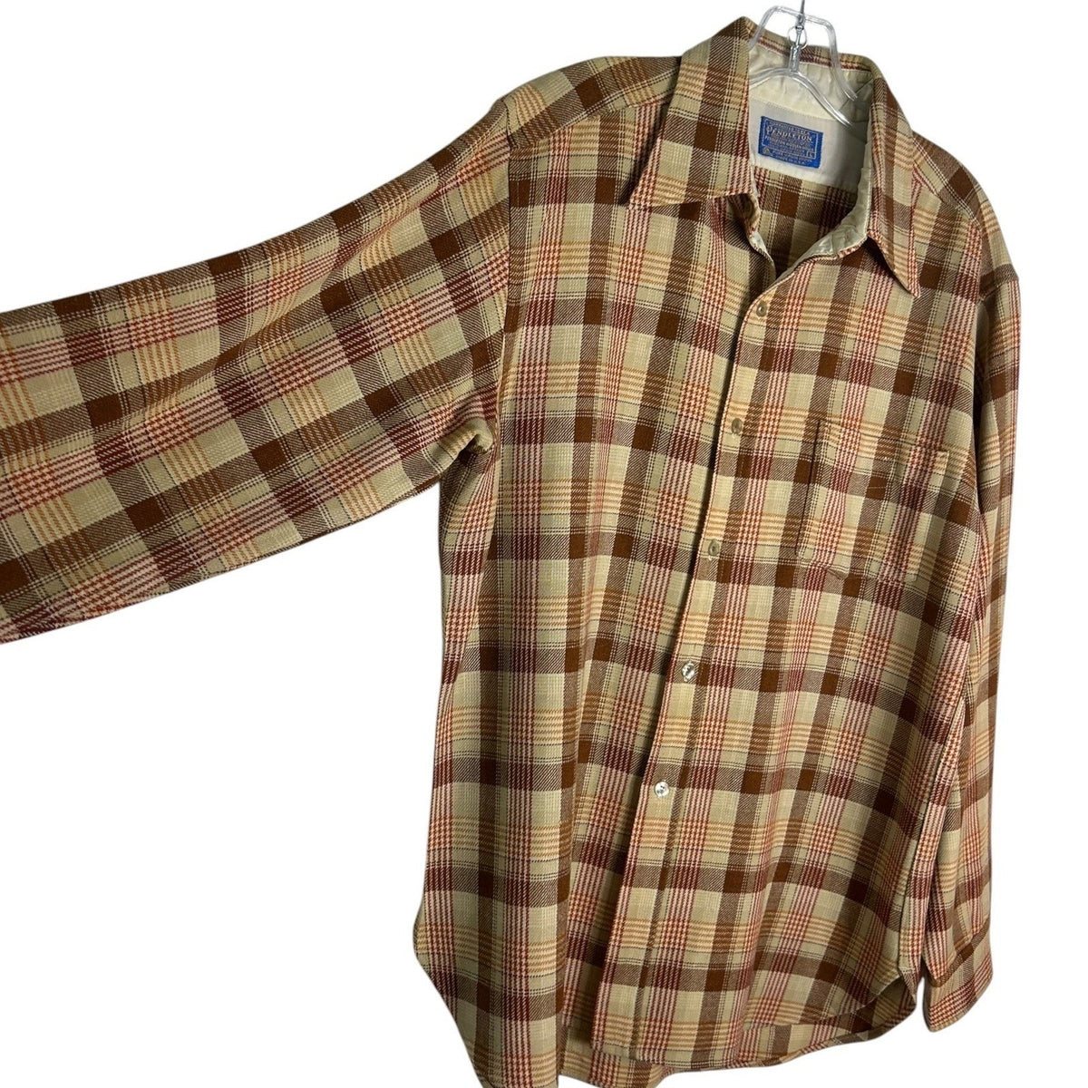 Vintage Pendleton Wool Plaid Flannel Shirt Mens Large Brown Tan Made in USA work