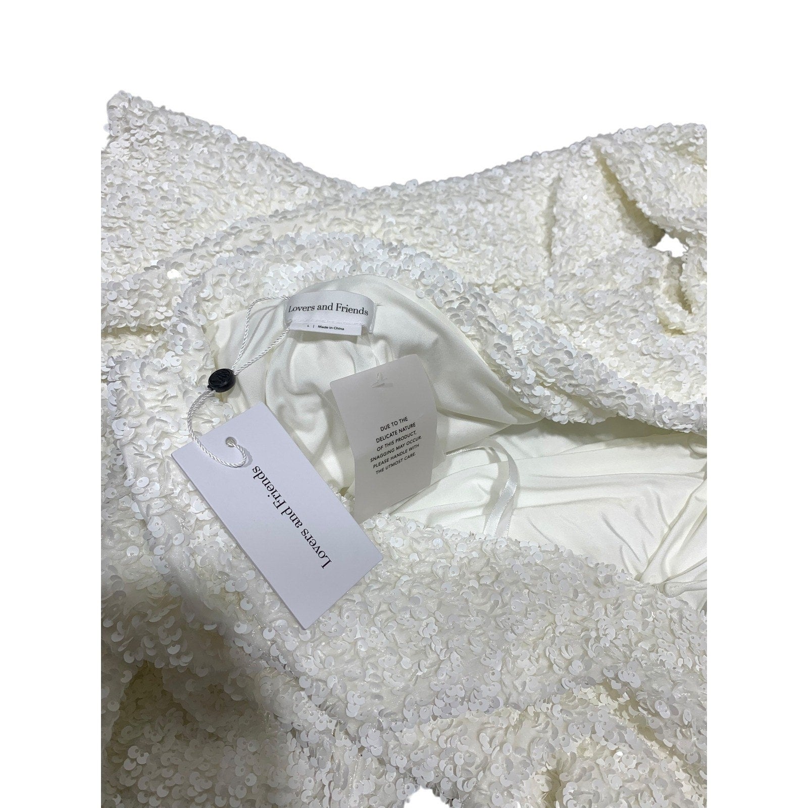 Lovers and Friends White Sequin Cowl Back Mini Dress Long Sleeve Large NEW bride