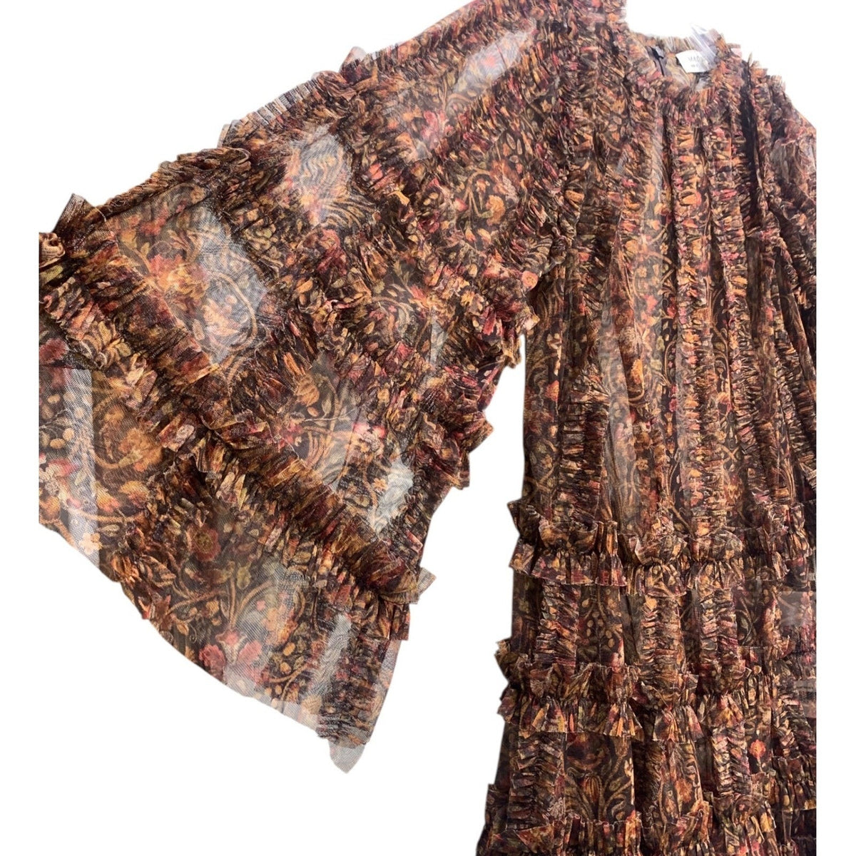 Mac Duggal Floral Print Long Flare Sleeve Mesh Ruffle Tiered A-Line Dress 8 fall