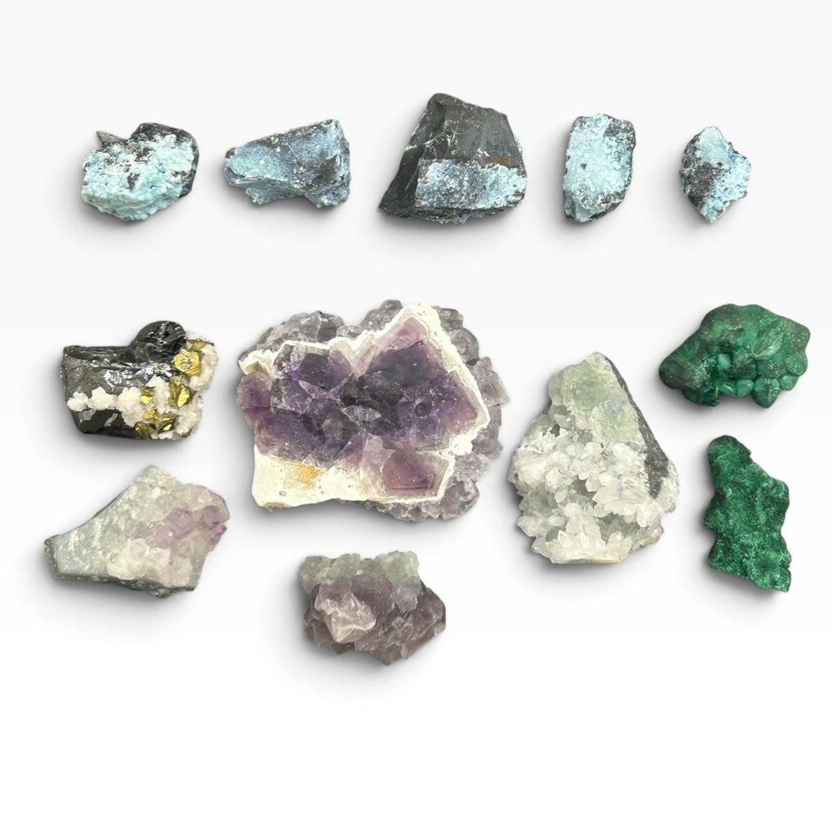 12pc Raw Mineral Specimen Lot Amethyst Malachite Purple Fluorite Natural Crystal