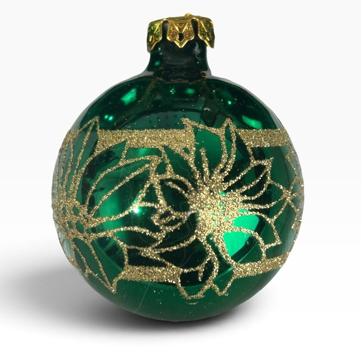 Victoria Collection Green Gold Glitter Poinsettia Glass Ornaments Set of 4 USA